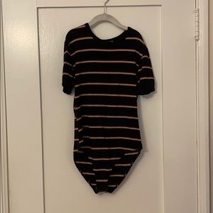 Black w yellow and red striped body suit